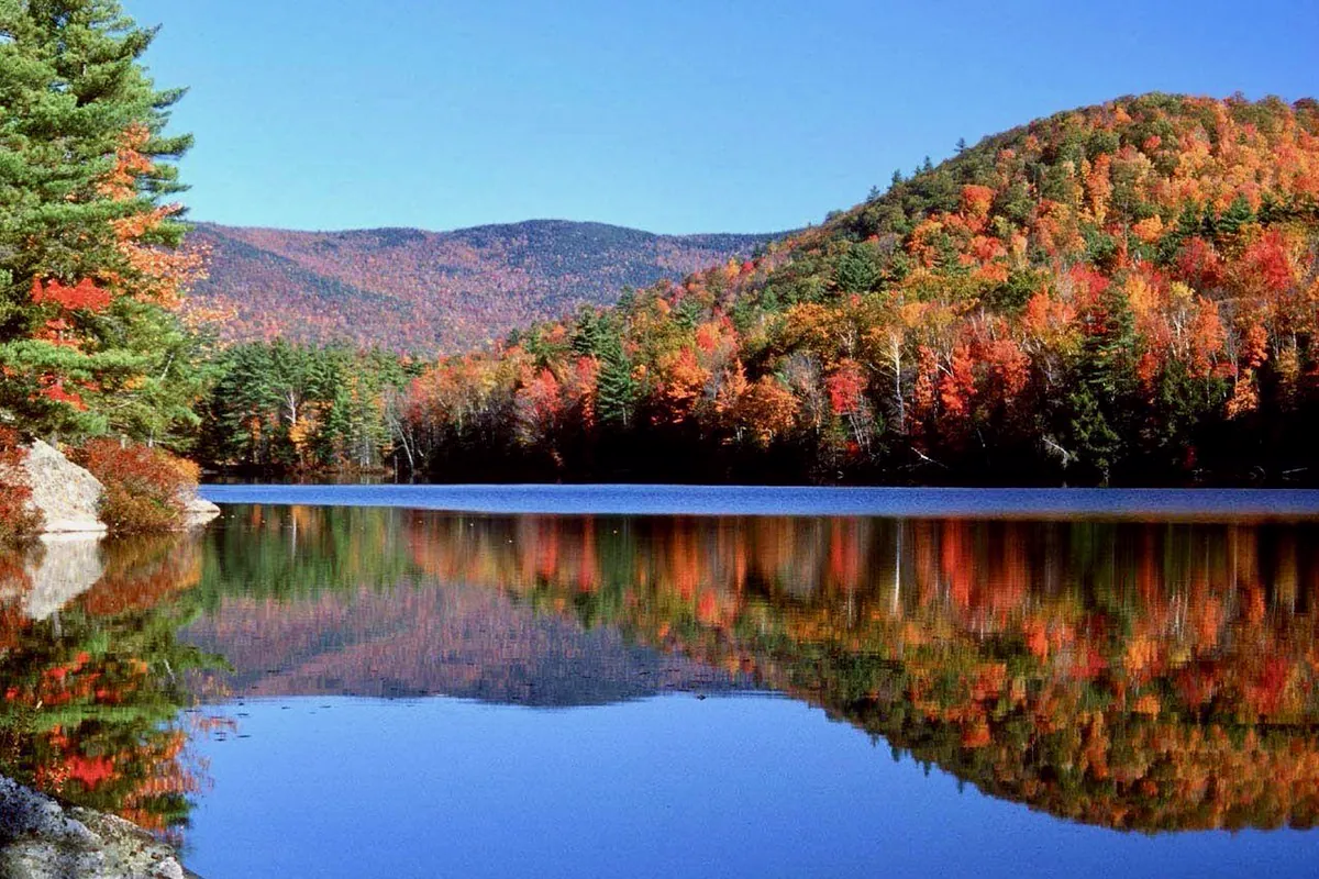 New Hampshire mountains and autumn trees reflected in a lake