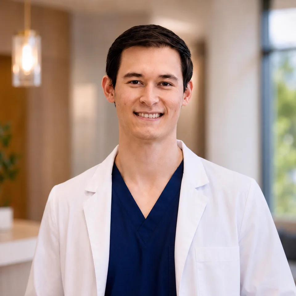 Scott Schmidhauser, DMD, wearing a white coat in an office setting