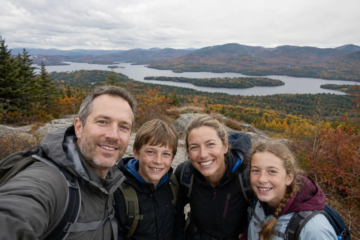Illustrative family hiking above a lake and autumn mountains