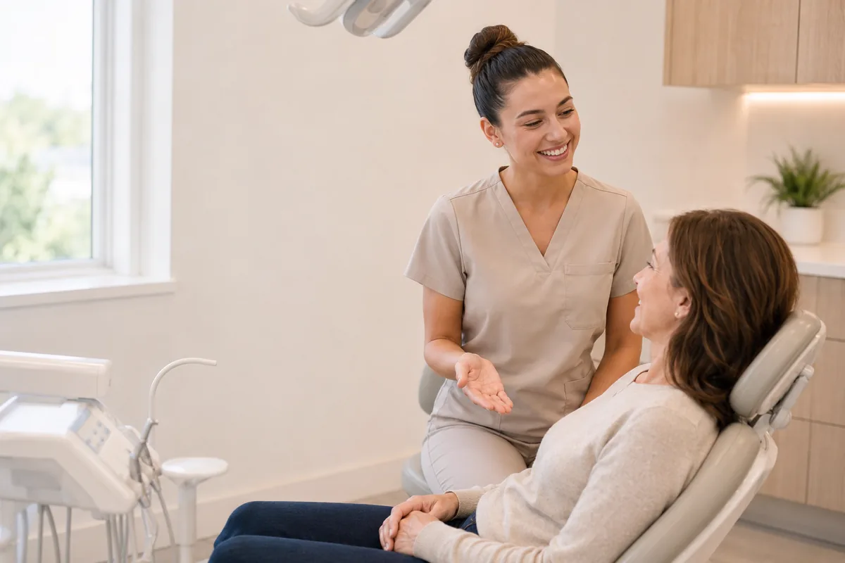 Illustrative dental-care conversation in a treatment room