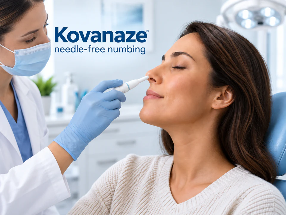 Illustration of a doctor administering a narrow nasal applicator, with the words Kovanaze needle-free numbing