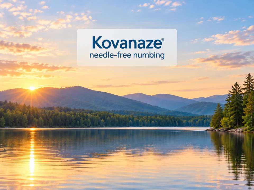 Mountain lake artwork with the words Kovanaze needle-free numbing