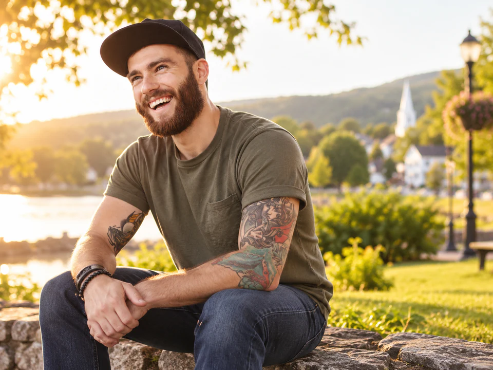 Smiling man wearing a black cap outdoors beside a lake