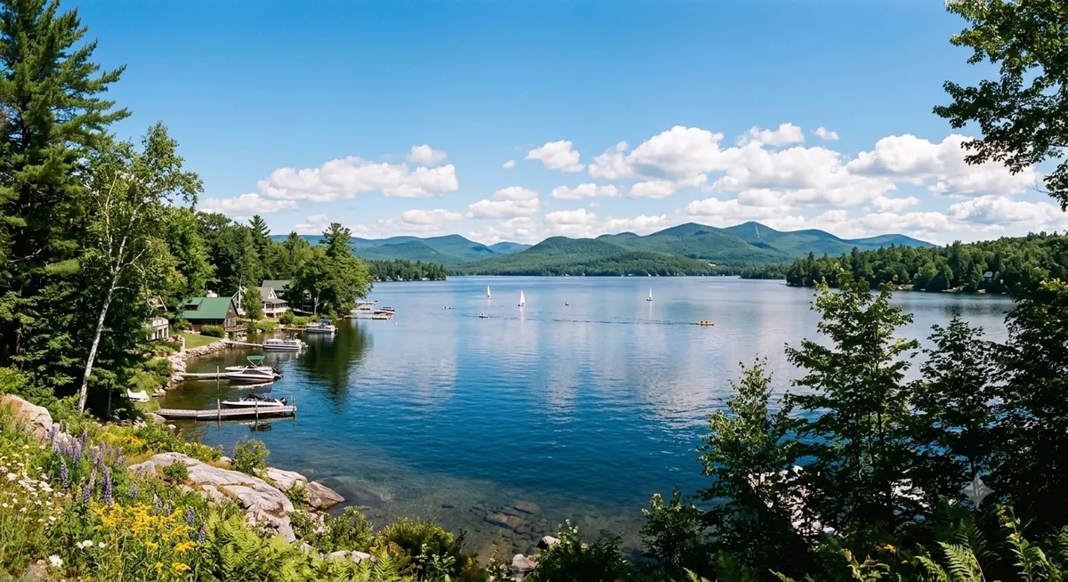 Tree-lined mountain lake shoreline in New Hampshire
