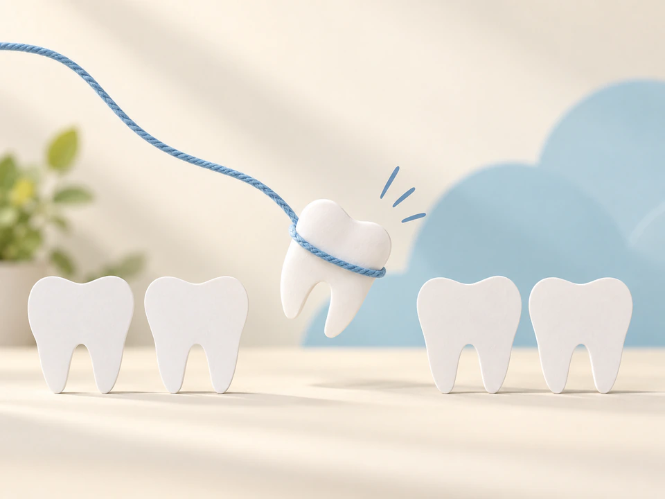 Illustration of five tooth figures with the center tooth lifted on a blue string