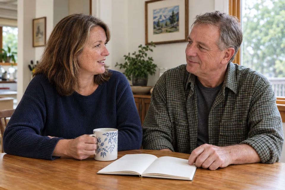 Two adults talking together at a table at home